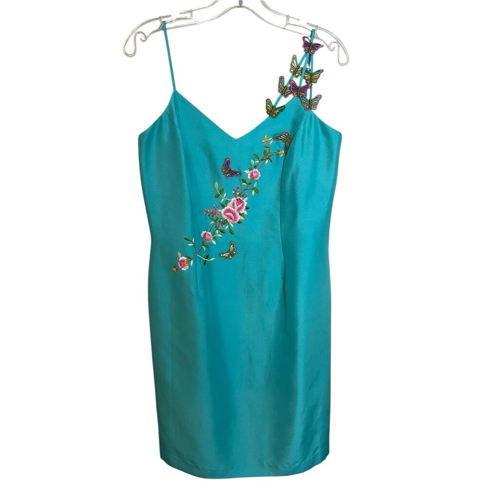 Vintage Jade Melody Tam Silk Butterfly Embroidered Floral Slip Dress 8 Fairycore